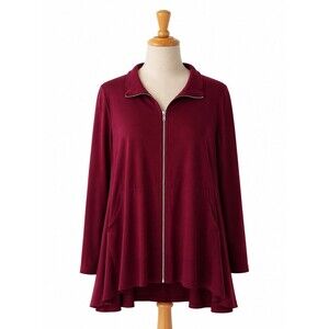 Sun Kim Zip Front Jacket Size 1x Maroon Red High Low Hem Pockets Artsy Classic